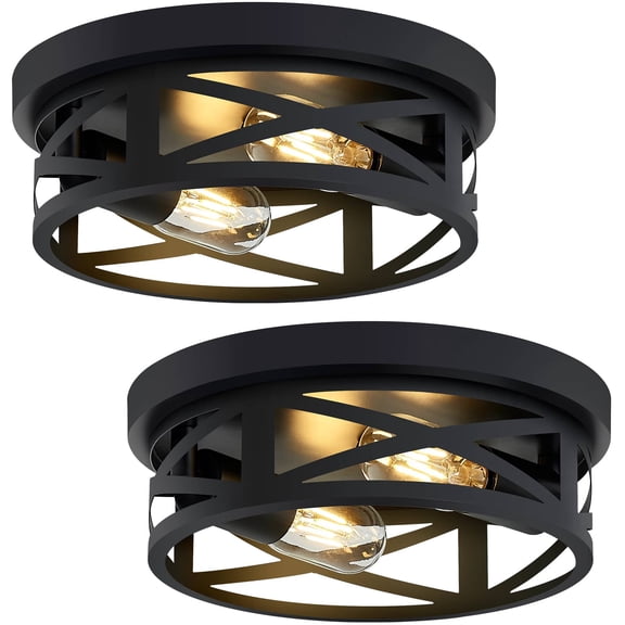 XPEHK 2 Pack 2-Light Matte Black Farmhouse Flush Mount Ceiling Light, Industrial Crisscross Metal Cage Close to Ceiling Light Fixture for Entryway Hallway Bedroom