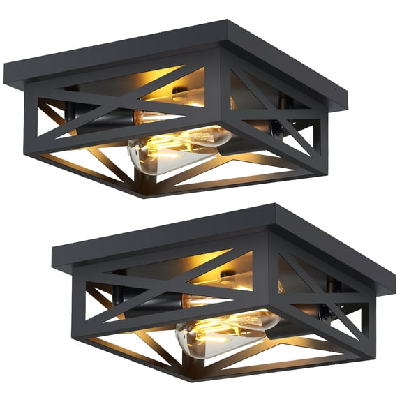 XPEHK 2 Pack 2-Light Matte Black Square Flush Mount Ceiling Light, Farmhouse Crisscross Metal Cage Close to Ceiling Lighting Fixture for Entryway Hallway Bedroom