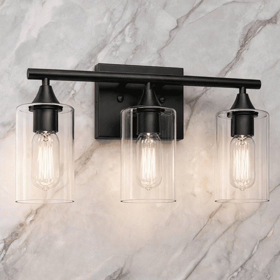 XPEHK 3-Light Matte Black Bathroom Vanity Light, Industrial Wall Sconce with Clear Cylinder Glass Shades, Hardwired Bath Mirror Lighting Fixture