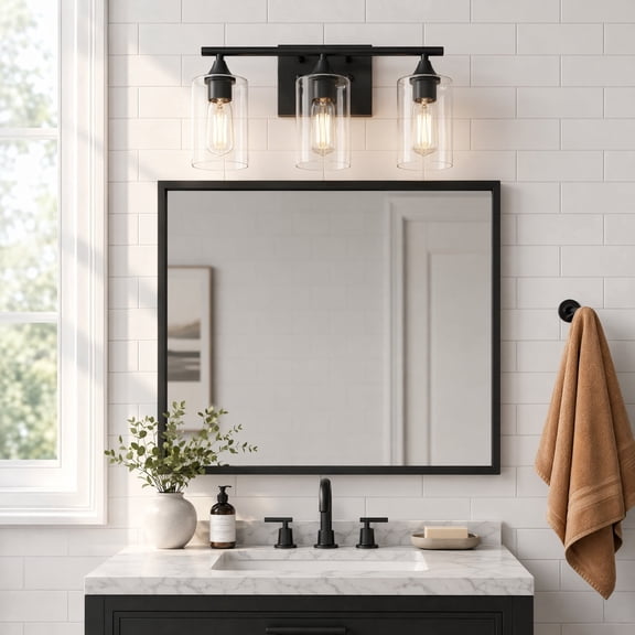 XPEHK 3-Light Matte Black Bathroom Vanity Light, Industrial Wall Sconce with Clear Cylinder Glass Shades, Hardwired Bath Mirror Lighting Fixture