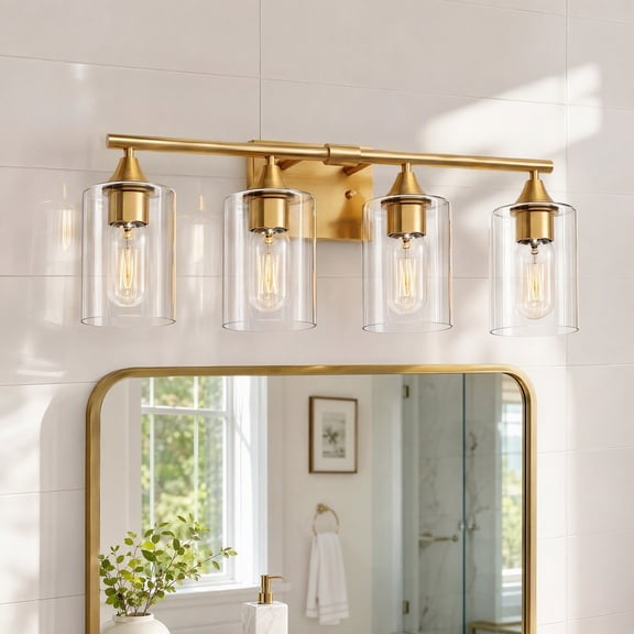 XPEHK 4-Light Brushed Gold Bathroom Vanity Light, Modern Industrial Wall Sconce with Clear Glass Shades, Hardwired Bathroom Mirror Lamp