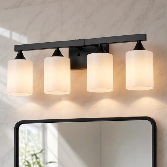 XPEHK 4-Light Matte Black Bathroom Vanity Light, Modern Wall Sconce with Frosted Cylinder Glass Shades, Hardwired Bath Mirror Lighting Fixture