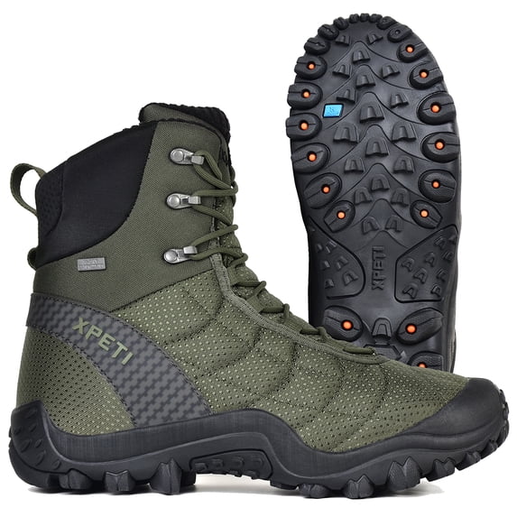 XPETI Men's Hiking Boots Waterproof Winter Snow Outdoor Boots Insulated Olive Green Size 10