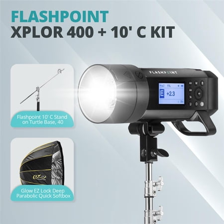 Flashpoint XPLOR 400PRO TTL Battery-Powered Monolight + Flashpoint 10' C (Century) Light Stand Kit w/40in Grip Arm, 2 Gobo Heads and Baby Pin (Chrome) + Glow EZ Lock Deep Parabolic Quick Softbox