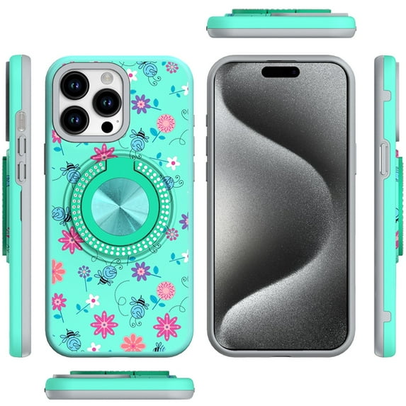 XPM for Apple iPhone 11 Phone Case, Pattern Design Hybrid with Invisible Ring Stand & Magnetic Back, Shockproof Protective Grip Cover for iPhone 11 (Flower Bee Teal)