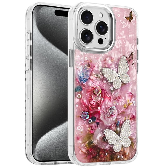 XPM for Apple iPhone 13 Pro Max Phone Case, Epoxy Glitter Flowers Bling 3D Butterfly Fashion TPU Hybrid with Shockproof Protection Cover for iPhone 13 Pro Max (Pink)