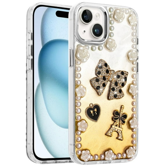 XPM for Apple iPhone 14 /13 Phone Case, Bling Fashion Design with 3D Pearls Epoxy Glitter Ornaments Chrome Edge Hard Slim PC Cover for iPhone 14 / iPhone 13 (Bow Gold)