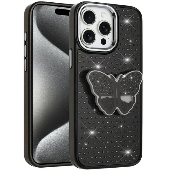 XPM for Apple iPhone 14 Pro Max Phone Case, Butterfly Moveable Grip 3D Pop Stand Full Diamond Bling Sparkling TPU Fashion Hybrid Cover for iPhone 14 Pro Max (Black)