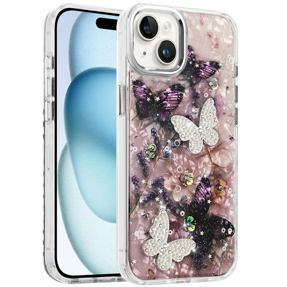 XPM for Apple iPhone 15 Plus /14 Plus Phone Case, Epoxy Glitter Flowers Bling 3D Butterfly Fashion TPU Hybrid with Shockproof Protection Cover for iPhone 15 Plus / iPhone 14 Plus (Dark Purple)