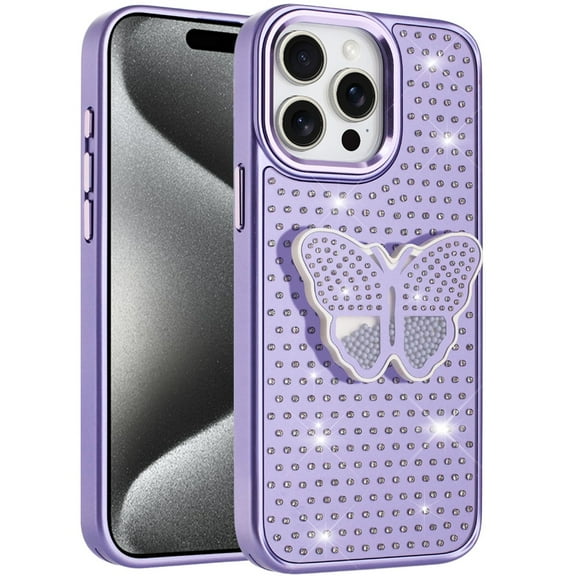 XPM for Apple iPhone 15 Pro Max Phone Case, Butterfly Moveable Grip 3D Pop Stand Full Diamond Bling Sparkling TPU Fashion Hybrid Cover for iPhone 15 Pro Max (Purple)