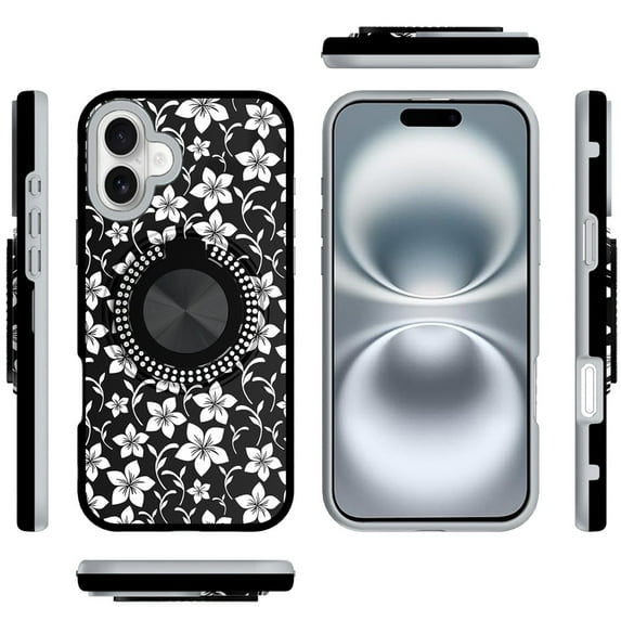 XPM for Apple iPhone 16 (6.1") Phone Case, Pattern Design Hybrid with Invisible Ring Stand & Magnetic Back, Shockproof Protective Grip Cover for iPhone 16 (Classic Floral)