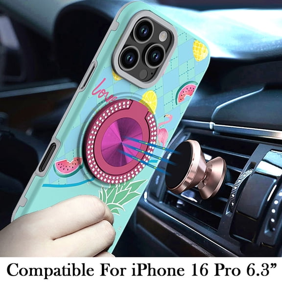 XPM for Apple iPhone 16 Pro Phone Case, Pattern Design Hybrid with Invisible Ring Stand & Magnetic Back, Shockproof Protective Grip Cover for iPhone 16 Pro (Pineapple)