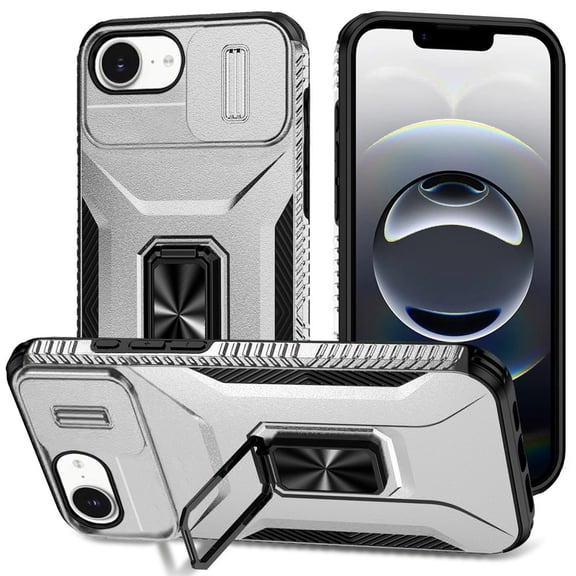 XPM for Apple iPhone 16e Phone Case, Case, Camera Cover with Magnetic Rotation Ring Stand, Military Grade Hybrid Hard TPU Shockproof Cover for Apple iPhone 16 E (6.1") (Silver)