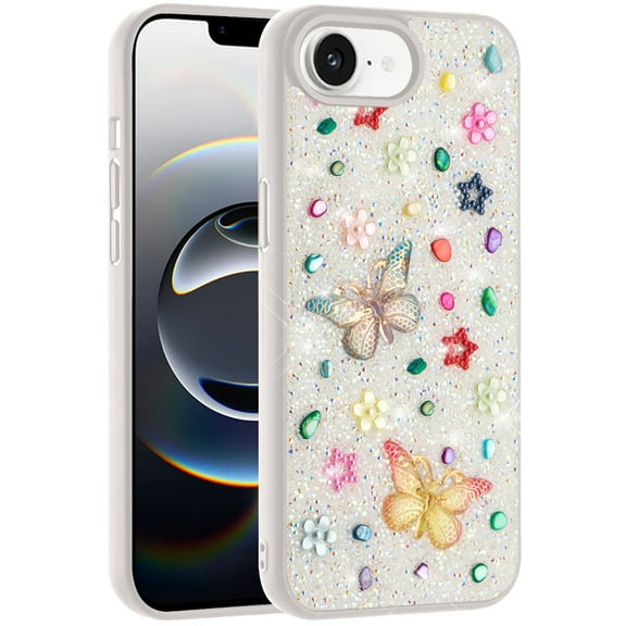 XPM for Apple iPhone 16e Phone Case, Diamond Butterfly 3D Glitter Bling Design, Slim Hybrid Sparkle Protective Cover TPU for Women Girls Cover for Apple iPhone 16 E (6.1") (White)