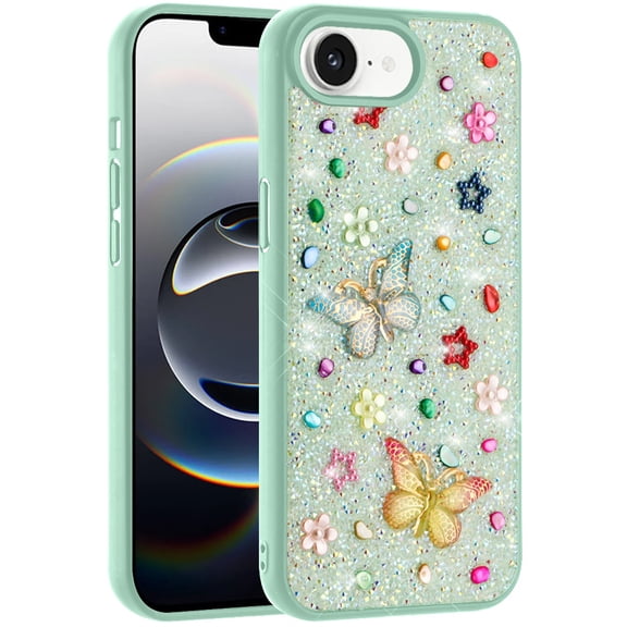 XPM for Apple iPhone 16e Phone Case, Diamond Butterfly 3D Glitter Bling Design, Slim Hybrid Sparkle Protective Cover TPU for Women Girls Cover for Apple iPhone 16 E (6.1") (Teal)