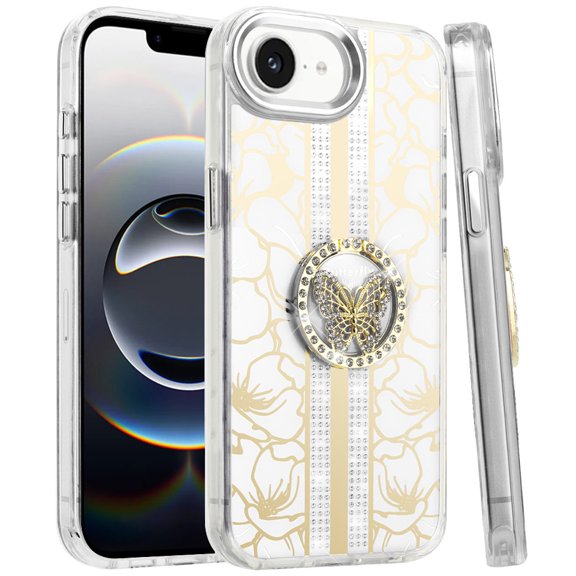XPM for Apple iPhone 16e Phone Case, Diamonds 3D Butterfly Floral Design Bling Sparkly Glitter Hybrid Metal Fashion with Ring Stand Cover for Apple iPhone 16 E (6.1") (White)