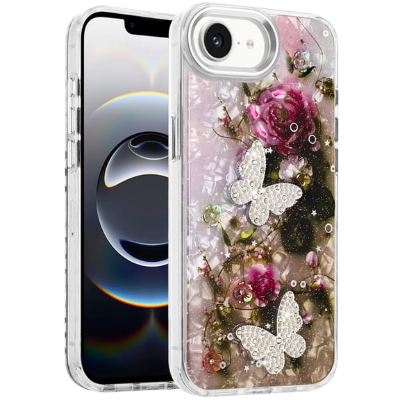 XPM for Apple iPhone 16e Phone Case, Epoxy Glitter Flowers Bling 3D Butterfly Fashion TPU Hybrid with Shockproof Protection Cover for Apple iPhone 16 E (6.1") (Gold)