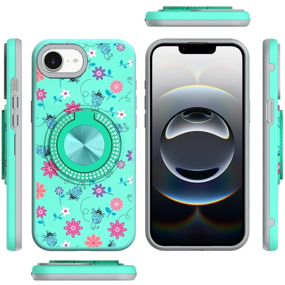 XPM for Apple iPhone 16e Phone Case, Pattern Design Hybrid with Invisible Ring Stand & Magnetic Back, Shockproof Protective Grip Cover for Apple iPhone 16 E (6.1") (Flower Bee Teal)