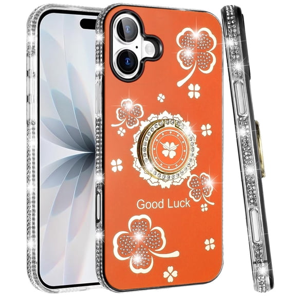 XPM for Apple iPhone 17 (6.3") Phone Case, Diamonds Bling All Around Edges Sparkly Glitter Hybrid with Ring Stand Holder Fashion Good Luck Cover for iPhone 17 (Cosmic Orange)