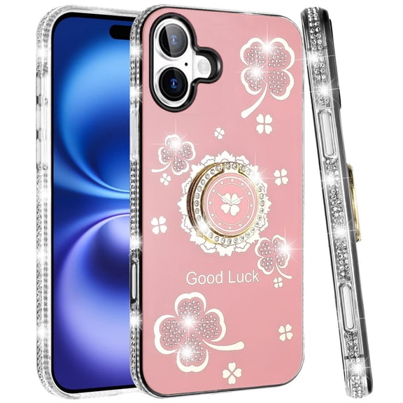 XPM for Apple iPhone 17 (6.3") Phone Case, Diamonds Bling All Around Edges Sparkly Glitter Hybrid with Ring Stand Holder Fashion Good Luck Cover for iPhone 17 (Pink)