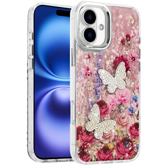 XPM for Apple iPhone 17 (6.3") Phone Case, Epoxy Glitter Flowers Bling 3D Butterfly Fashion TPU Hybrid with Shockproof Protection Cover for iPhone 17 (Red)