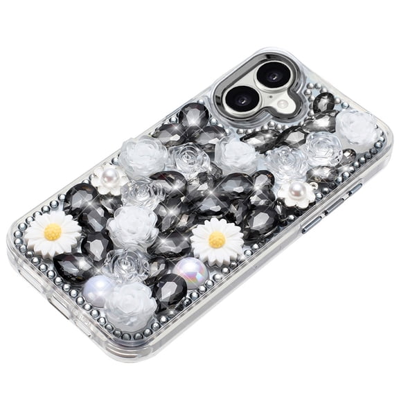 XPM for Apple iPhone 17 (6.3") Phone Case, Fashion Daisy Floral Series, Full 3D Bling Crystal Diamonds Sparkling Rhinestone Glitter Hybrid Design Cover for iPhone 17 (Black)