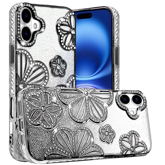 XPM for Apple iPhone 17 (6.3") Phone Case, Luxury Flower Design Sparkle Glitter Diamond Rhinestone Shimmer Bling Plating Thick TPU Hard PC Cover for iPhone 17 (Black)
