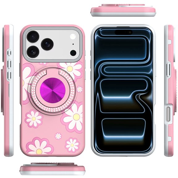 XPM for Apple iPhone 17 AIR Phone Case, Pattern Design Hybrid with Invisible Ring Stand & Magnetic Back, Shockproof Protective Grip Cover for Apple iPhone 17 Air (6.6") (Pink Daisy Flower)