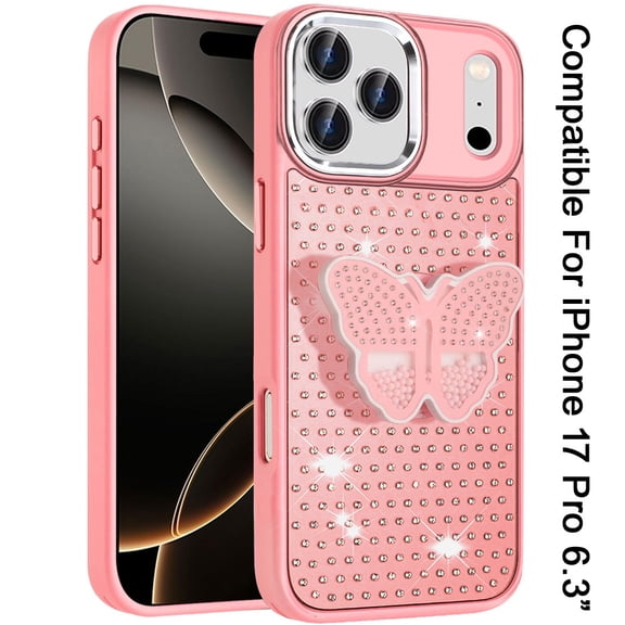XPM for Apple iPhone 17 Pro (6.3") Phone Case, Butterfly Moveable Grip 3D Pop Stand Full Diamond Bling Sparkling TPU Fashion Hybrid Cover for iPhone 17 Pro (Pink)