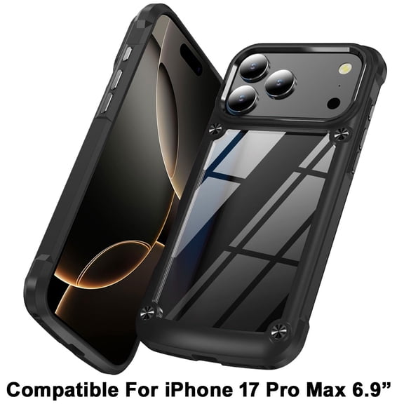 XPM for Apple iPhone 17 Pro Max Phone Case, Hybrid Transparent Rubber with Metal Buttons & Camera Edges Hard TPU Corner Frame Bumper Cover for Apple iPhone 17 Pro Max (6.9") (Black)
