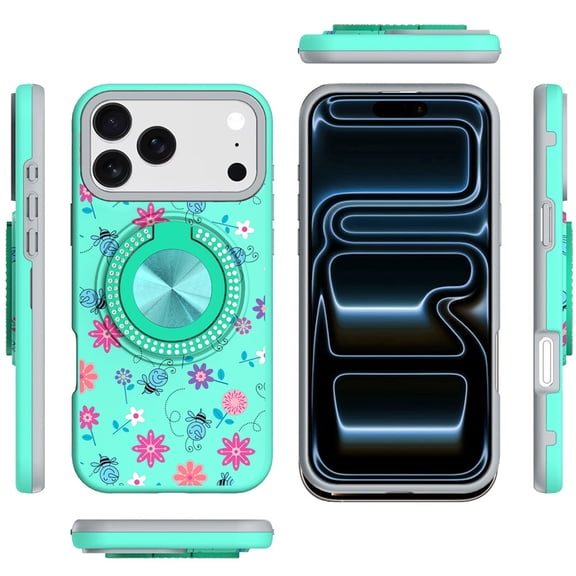 XPM for Apple iPhone 17 Pro Max Phone Case, Pattern Design Hybrid with Invisible Ring Stand & Magnetic Back, Shockproof Protective Grip Cover for Apple iPhone 17 Pro Max (6.9") (Flower Bee Teal)