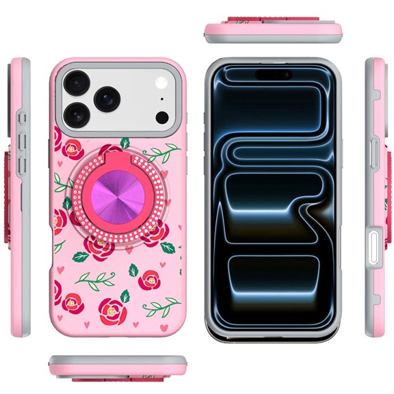 XPM for Apple iPhone 17 Pro Max Phone Case, Pattern Design Hybrid with Invisible Ring Stand & Magnetic Back, Shockproof Protective Grip Cover for Apple iPhone 17 Pro Max (6.9") (Red Roses)