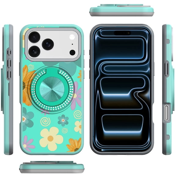 XPM for Apple iPhone 17 Pro Max Phone Case, Pattern Design Hybrid with Invisible Ring Stand & Magnetic Back, Shockproof Protective Grip Cover for Apple iPhone 17 Pro Max (6.9") (Aqua Floral & Leaves)