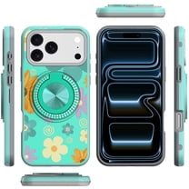 XPM for Apple iPhone 17 Pro Max Phone Case, Pattern Design Hybrid with Invisible Ring Stand & Magnetic Back, Shockproof Protective Grip Cover for Apple iPhone 17 Pro Max (6.9") (Aqua Floral & Leaves)