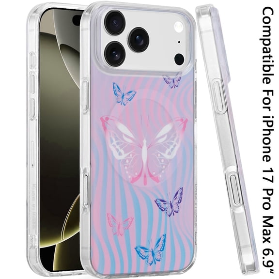 XPM for Apple iPhone 17 Pro Max Stylish Pattern Fashion IMD Printed Design TPU Double Layer Slim Shockproof with Magnetic Back Phone Case Cover (Pink Butterfly)