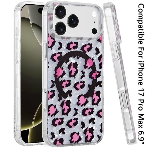 XPM for Apple iPhone 17 Pro Max Stylish Pattern Fashion IMD Printed Design TPU Double Layer Slim Shockproof with Magnetic Back Phone Case Cover (Pink Leopard Skin)