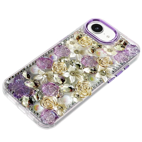 XPM for Apple iPhone 17E /16E Phone Case, 3D Diamond Floral Roses Flower Bling Stone Hybrid, Sparkly Rhinestone Gemstone Back Shockproof Cover for Apple iPhone 17E /iPhone 16E (Purple)