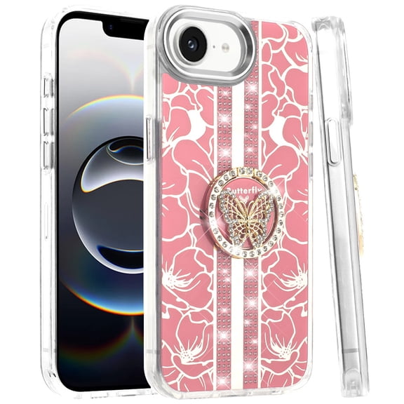 XPM for Apple iPhone 17E /16E Phone Case, Diamonds 3D Butterfly Floral Design Bling Sparkly Glitter Hybrid Metal Fashion with Ring Stand Cover for Apple iPhone 17E /iPhone 16E (Light Pink)