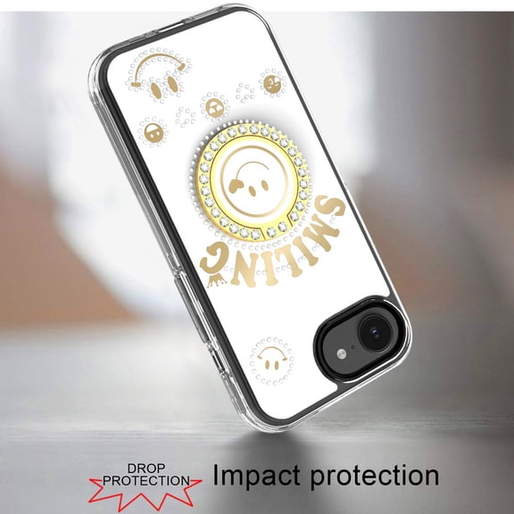 XPM for Apple iPhone 17E /16E Smiling Glitter Bling Ornament Hybrid Shockproof Stylish Sparkle Design Secure Grip Durable Protection Phone Case Cover (White)