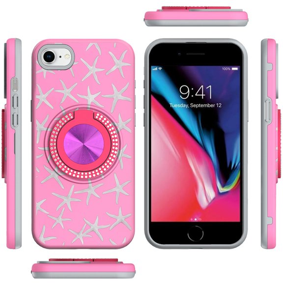 XPM for Apple iPhone SE 3 (2022) SE/8/7 Phone Case, Pattern Design Hybrid with Invisible Ring Stand & Magnetic Back, Shockproof Protective Grip Cover for iPhone SE 3 (2022) SE/8/7 (Pink Starfish)