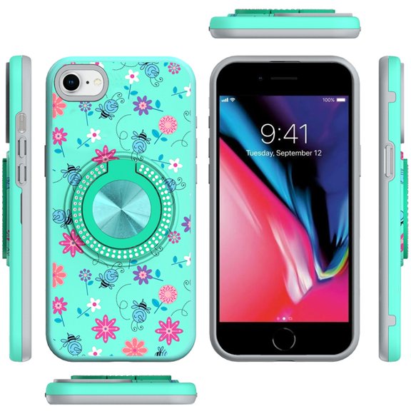 XPM for Apple iPhone SE 3 (2022) SE/8/7 Phone Case, Pattern Design Hybrid with Invisible Ring Stand & Magnetic Back, Shockproof Protective Grip Cover for iPhone SE 3 (2022) SE/8/7 (Flower Bee Teal)