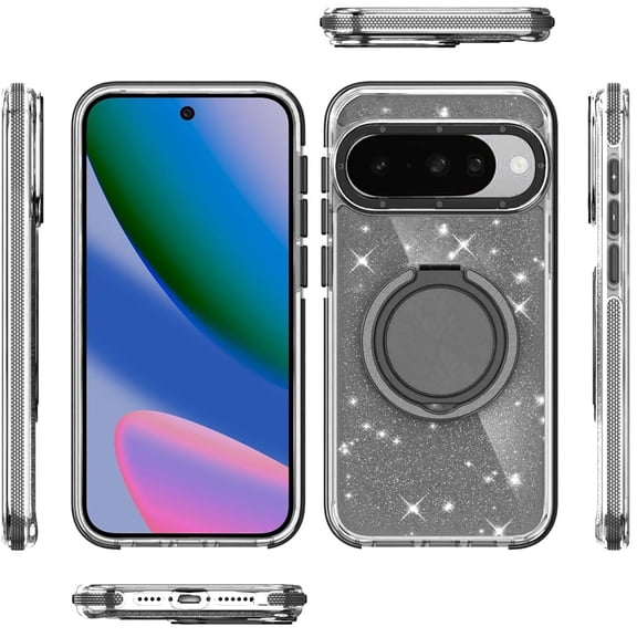 XPM for Google Pixel 10 / 10 Pro Phone Case, Slim Bling Glitter Sparkly Shimmer Hybrid with Magnetic Ring and 360° Rotational Stand [Compatible with Magsafe] Cover for Pixel 10, Pixel 10 Pro (Black)