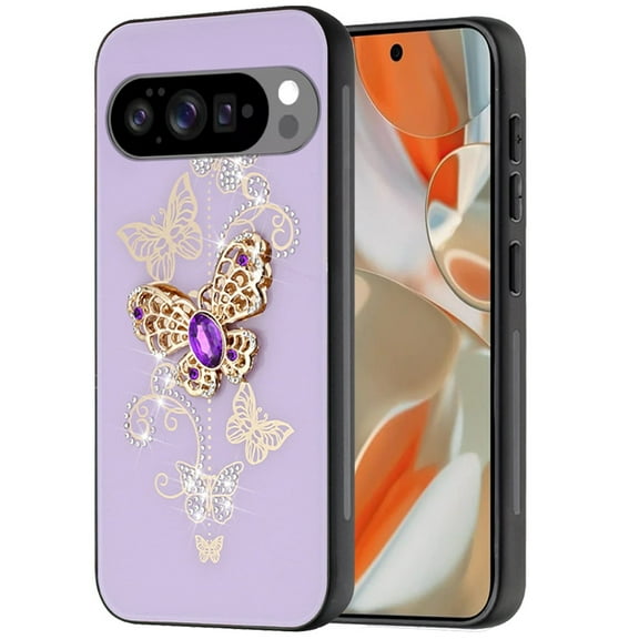 XPM for Google Pixel 10 /Pixel 10 Pro Phone Case, Diamonds 3D Butterfly Bling Sparkly Glitter Ornaments Engraving Hybrid Metal Fashion Cover for Pixel 10 / 10 Pro (Purple Garden Butterflies)