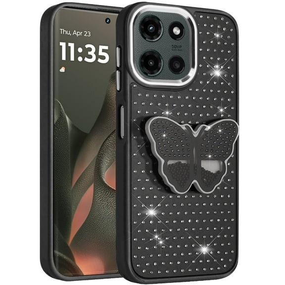 XPM for Motorola Edge 2025 Phone Case, Butterfly Moveable Grip 3D Pop Stand Full Diamond Bling Sparkling TPU Fashion Hybrid Cover for Motorola Moto Edge (2025) (Black)
