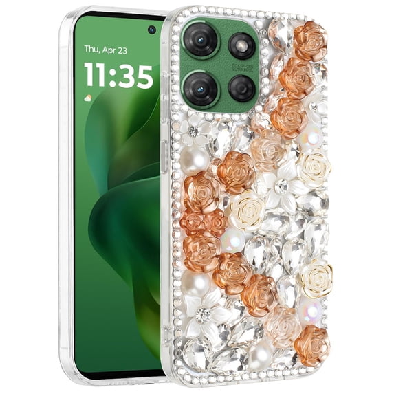 XPM for Motorola Edge 2025 Phone Case, Fashion Rose Flower Floral Bling Crystal 3D Full Diamonds Pearl Sparkle Rhinestone Glitter Hybrid Cover for Motorola Edge (2025) (Gold)