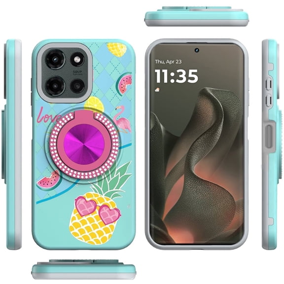 XPM for Motorola Edge 2025 Phone Case, Pattern Design Hybrid with Invisible Ring Stand & Magnetic Back, Shockproof Protective Grip Cover for Edge 2025 (Pineapple Love Vibe)