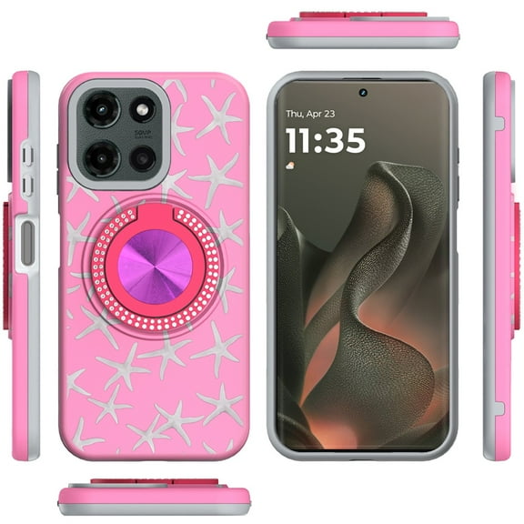 XPM for Motorola Edge 2025 Phone Case, Pattern Design Hybrid with Invisible Ring Stand & Magnetic Back, Shockproof Protective Grip Cover for Motorola Edge (2025) (Pink Starfish)