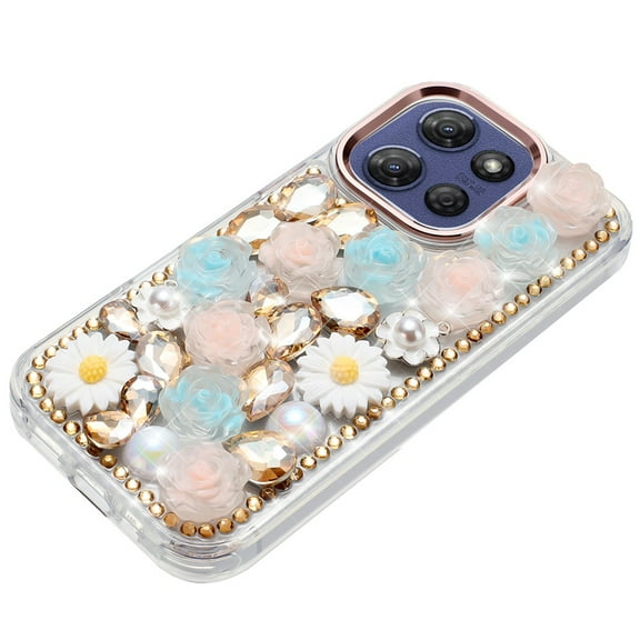 XPM for Motorola Moto G 5G 2025 Phone Case, Fashion Daisy Floral Series, Full 3D Bling Crystal Diamonds Sparkling Rhinestone Glitter Hybrid Design Cover for Moto G 5G (2025) (Gold)