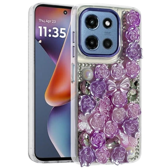 XPM for Motorola Moto G 5G 2026/2025 3D Diamond Floral Roses Flower Bling Stone Hybrid, Sparkly Rhinestone Gemstone Back Shockproof Phone Case Cover (Purple)