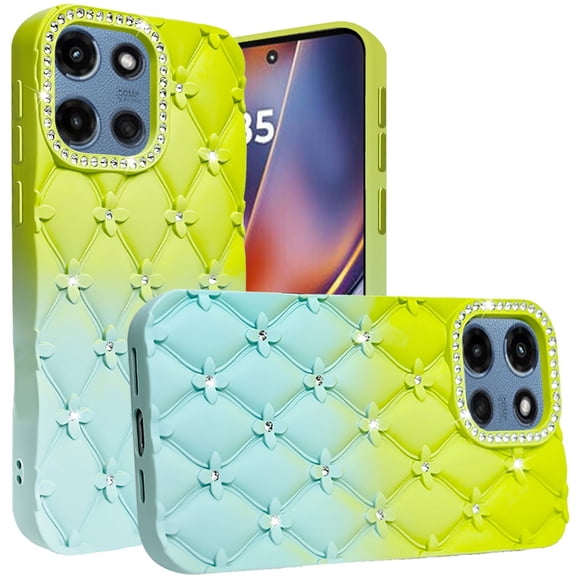 XPM for Motorola Moto G 5G 2026/2025 Fashion Flower Design Sparkle Glitter Shimmer Rhinestone Bling Floral Accents, Leather Texture TPU Phone Case Cover (Light Green/Teal)